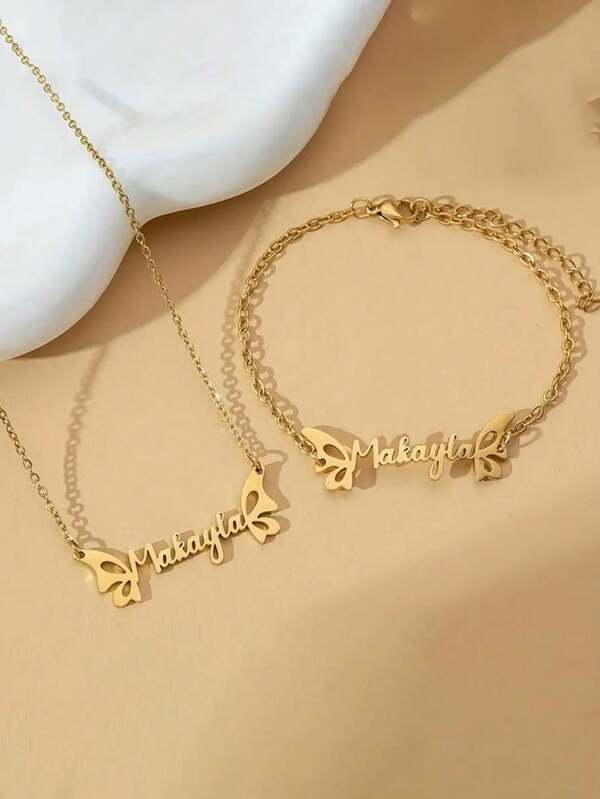 2 pièces Collier et bracelet en acier inoxydable personnalisé avec papillon et nom personnalisé - cadeau parfait pour la Saint-Valentin et l'anniversaire - design chic et minimaliste pour la décoration décontractée, multifonctionnel, ornemental, lettrage, élégant, moderne, coloré, kawaii, adorable, mignon, personnalisé, personnalisé, unique, personnalisé, fils, fille