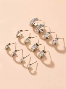 6 件/套复古风格金属 C 形纹理扁平耳钉，适合女士、节日礼物和日常佩戴 - 銀色 - 查看 8