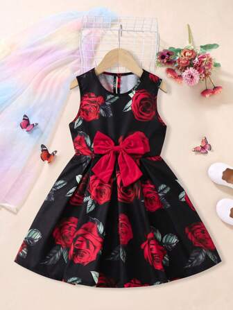 Young Girls Rose Allover Print Dress With Bow Decor, Sleeveless, Floral Dress, Spring/Summer New Arrival