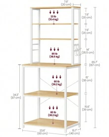 VASAGLE Kitchen Storage Rack, Coffee Bar, Baker's Rack, Total 6 Shelves And 6 Hooks, For Microwave, Steel Frame, Industrial, 40 X 100 X 167 Cm, Golden Oak And Cloud White - Yellow - View 7