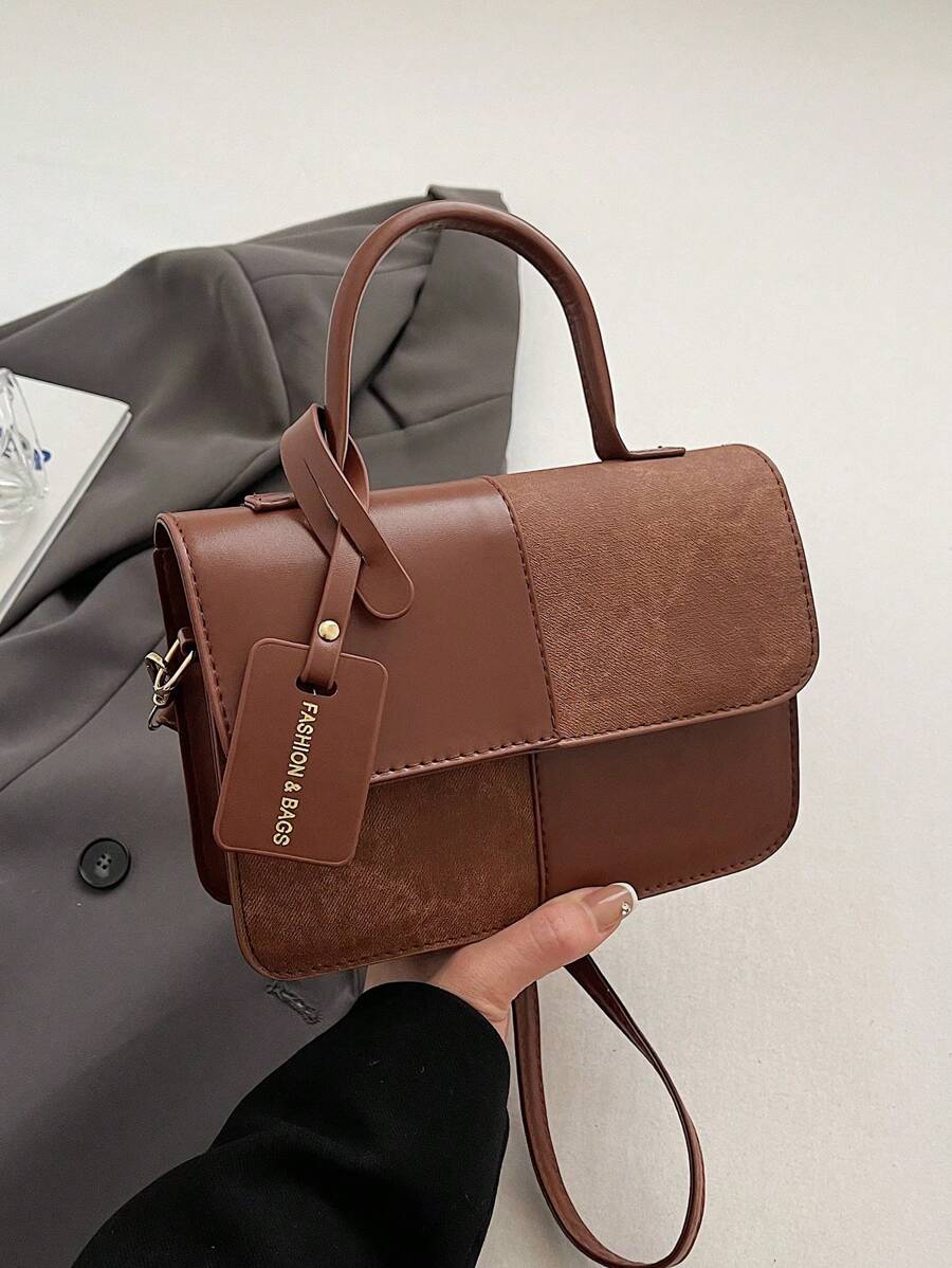 新款时尚简约格子拼布手提包，女士单肩包/斜挎包，日常工作通勤休闲使用，节日礼物