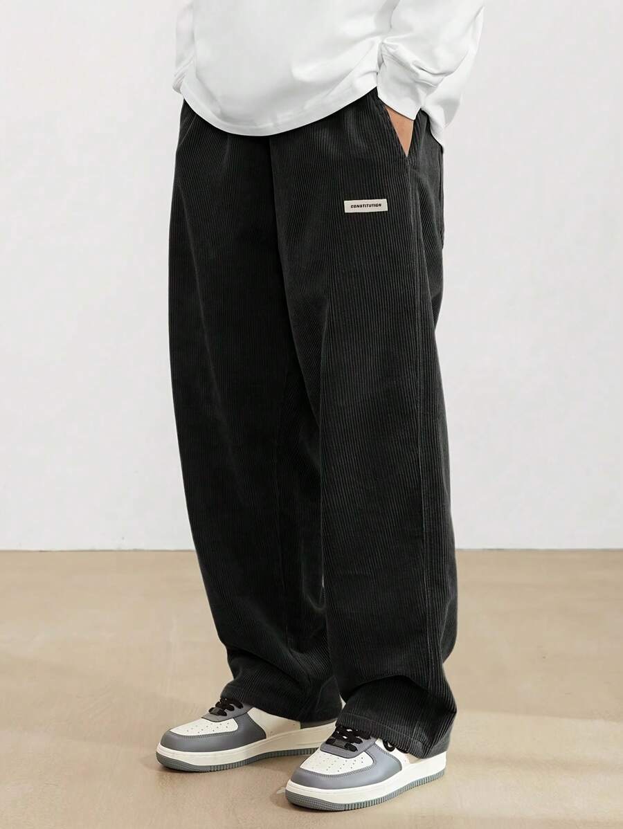 Vintage Inspired Corduroy Cargo Pants For Men With Slant Pockets - Breathable, Straight Leg Design For Casual Urban Outings & Outdoor Activities - 黑色 - 查看 1