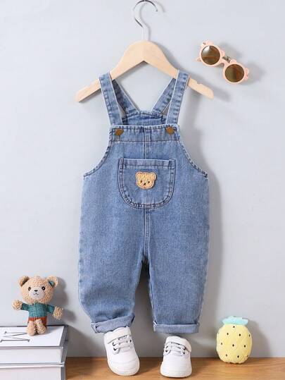Peto vaquero liso para bebé niño con bolsillos, pantalones cargo vaqueros cómodos para bebé niño con parche de oso, ideal para actividades al aire libre