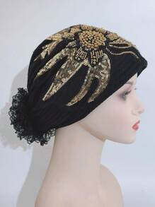 1 件女士优雅时尚网纱花朵亮片串珠拼布发带头巾，透气百搭头巾，适合户外、派对、购物 - 彩色 - 查看 6