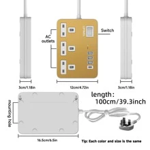 电源 7 合 1 扁平插头电源插座延长线，4 个 USB 充电端口延长插座，壁挂式，一键电源控制，过载保护，13A 3120W 电源插座，黑白金，适用于家庭办公室