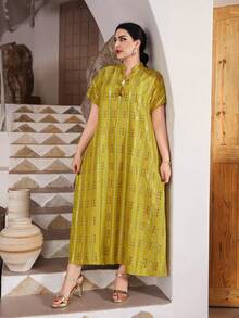 Elegant Arabic Women's V-Neck Dress With Embroidery & Metallic Threads, Graceful & High-End, Green Color, Spring/Summer 2025, Ramadan - Green - View 8