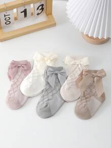 1 Pair Girls Waffle Knit Bow Mid-Calf Socks, Spring/Autumn