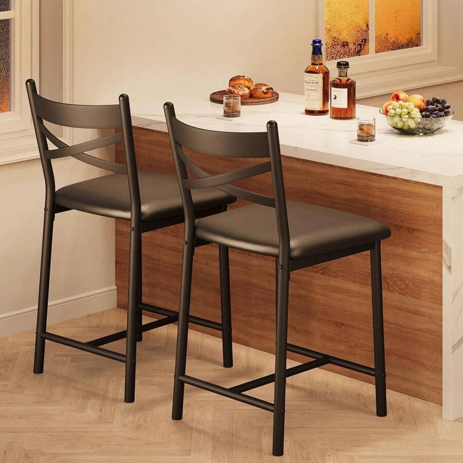 mteryoing Bar Stools Set Of 2/4, PU Upholstered Bar Chairs, Kitchen Island Chairs With X-Shaped Backrest And Metal Footrest, Black Counter Height Chairs For Dining Room, Coffee Shop - Set of 2-Black - 查看 1