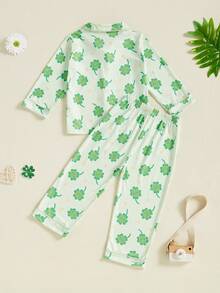Kids Toddler Spring Pajama Sets Shamrock Pattern Button V Neck Long Sleeve Tops And Pants Lounge Wear 2 Pcs Set - Green - View 3