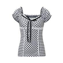 Women Y2K Fairy Grunge Shirt Short Sleeve Lace Trim Plaid Crop Top 90S Vintage Aesthetic Slim Fit T-Shirts E-Girls Crop Tops Blouse Shirts Coquette Going Out Tops - Đen và trắng - Xem 3