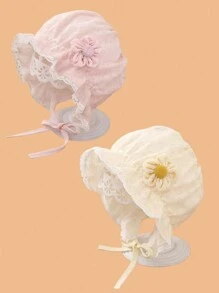 1顶蕾丝花朵新生儿女宝宝公主风帽子，带荷叶边和系带，透气网眼遮阳帽，适合春夏佩戴 - 1PC - 查看 5