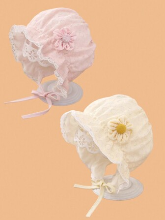 1 件装蕾丝花朵新生儿帽子公主女童褶边系带帽春夏透气网眼婴幼儿太阳帽