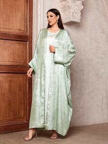One Piece Women's Shiny Batwing Satin Open Kimono Abaya Muslim Kaftan Dress Islam Clothing Robe Outwear Long Coat - Mint Green - View 3