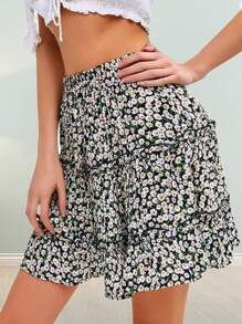 Women's Ruffle Floral Short Skirt High Waist A-Line Tie-Up Pleated Skirts For Summer - Navy Blue - View 1
