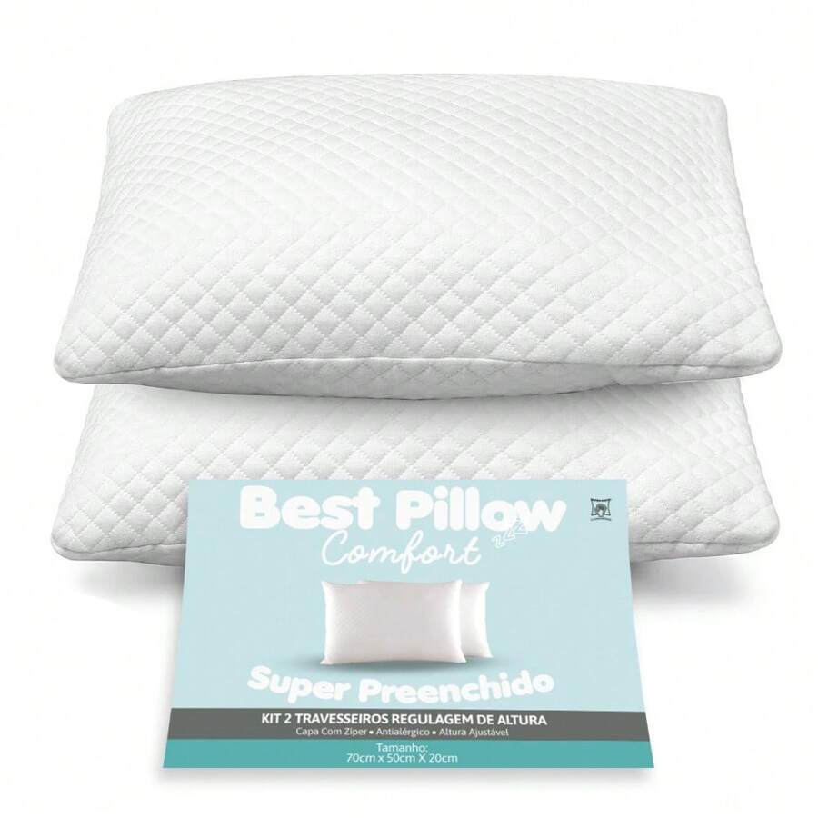 Kit With 02 Pillows Height Adjustment 50cm X 70cm With Zipper Soft Silicone Fiber 180 Threads - White - View 1