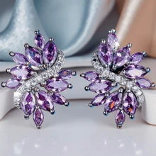 1 对优雅叶子设计方晶锆石耳钉，适合女士 - 奢华婚礼/派对/日常珠宝 - 闪亮配饰 - 紫色 - 查看 5