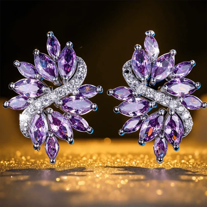 1 par de pendientes de aro elegantes con diseño de hoja y circonita cúbica para mujeres - Joyería lujosa para boda/fiesta/uso diario - Accesorio brillante