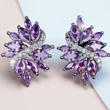 1 对优雅叶子设计方晶锆石耳钉，适合女士 - 奢华婚礼/派对/日常珠宝 - 闪亮配饰 - 紫色 - 查看 6