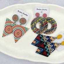 10 pares/paquete Pendientes de madera vintage con estampado colorido para mujeres, set de pendientes de pareja estilo bohemio variado para fiesta, boda, uso diario, regalos de joyería de moda, envío aleatorio