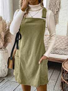 Women's Casual Solid Color Dual Pocket Short Overalls - Green - View 1