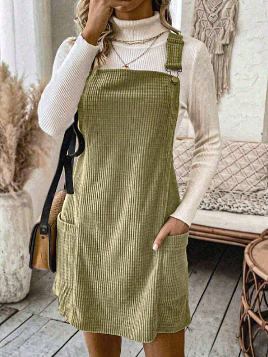 Women's Casual Solid Color Dual Pocket Short Overalls - Green - View 1