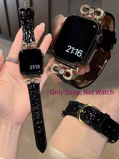 1 pieza Compatible con la correa del , correa de cuero negro con lazo metálico brillante y diamantes de imitación dorados para mujer, se ajusta a 38/40/41/42/44/45/46/49mm, compatible con Apple Watch Ultra2/SE/11/10/9/8/7/6/5/4/3/2/1 Series, accesorio de moda elegante para reloj inteligente, estilo personalizado único