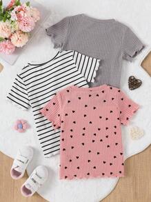3pcs/Set Girls Heart & Striped Print Short Sleeve Top - Pink - View 2