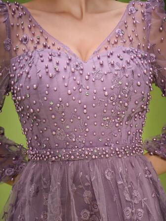 Anpoket V-ringad broderad spets med korta ärmar Lyxig aftonklänning, festklänning, klänning för bröllopsgäster, formell klänning, klänning