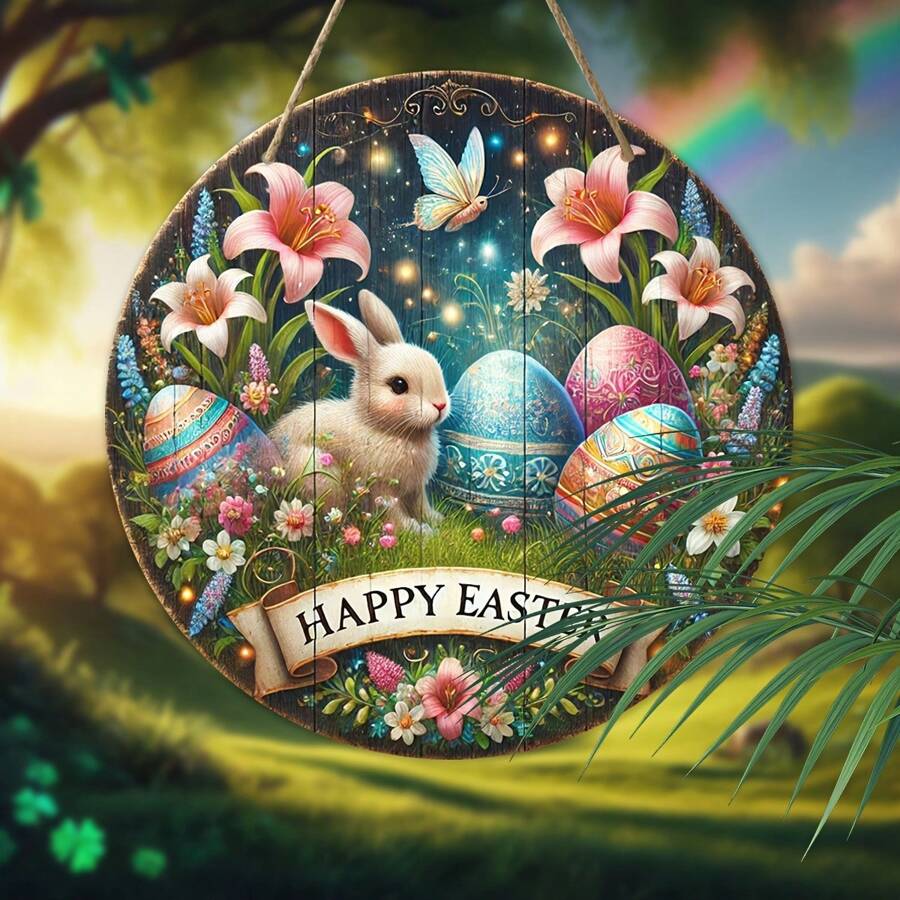 1 件复古复活节兔子木制花环标志 - 俏皮的春季墙壁艺术，带有彩色鸡蛋和鲜花，“复活节快乐”前门欢迎标志，简单的室内/室外家居和花园装饰，兔子配饰