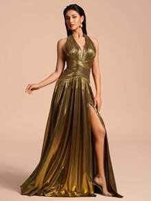 Romantisches Damen V-Ausschnitt Kleid mit Raffungen und plissiertem Saum, ärmellos, elegant, für besondere Anlässe - Gold - Übersicht 5