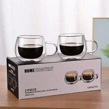 2 件/盒盒装双层透明高硼硅玻璃杯，高档礼品，家用，简约，耐热，带手柄咖啡/茶杯 - Clear - 查看 12