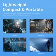 1 件装 强力 LED 头灯 便携式可变焦头灯 内置电池 USB 可充电 防水强光头灯 适用于户外钓鱼 - 黑色 - 查看 8