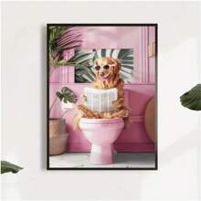1PC Golden Retriever Reading On Toilet Canvas Print - Funny Bathroom Wall Art, Modern Retro Art Deco Dog Poster- Ink Art Medium - Animal Theme - Perfect Gift For Dog Lovers - Suitable For Living Room, Bedroom, Kitchen, Office(No Frame)