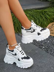 Women's Platform Thick Sole Sneakers, Spring/Autumn Chunky Chunky Sneakers, Low-Top Casual Shoes For Petite, Anti-Slip & Breathable Fabric Lining, Shock-Absorbing