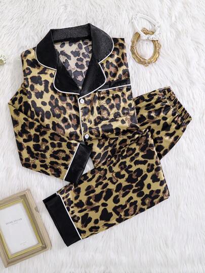 时尚女孩豹纹缎面睡衣套装两件套 - 奢华长袖纽扣上衣和裤子 - 柔软睡衣和休闲装，营造舒适百搭的外观，适合春季、夏季和秋季穿着