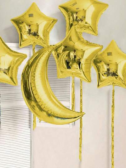 Set de 6 globos, globos de luna creciente dorada de 28 pulgadas, globos de estrella de cinco puntas y corazón de 18 pulgadas, para fiesta y decoración festiva