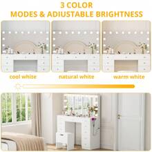 VOWNER 46" Large Vanity Table With Lighted Mirror & Power Outlet, Makeup Vanity Desk With Glass Top, 14-Bulbs Large Mirror, 3-Color Modes & Brightness Adjustable, 11 Drawers For Storage, Come With Soft Stool & Hair Dryer Rack, Vanity Set Gifts For Girls Women, Halloween & Thanksgiving - Gương toàn màu trắng - Xem 4