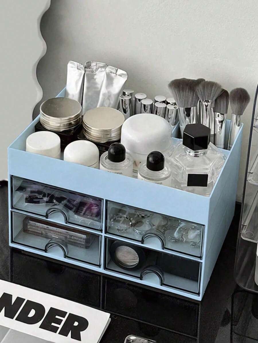 1个带抽屉的化妆品收纳盒，大容量化妆品整理盒，化妆刷收纳架，适合存放口红、珠宝、美甲用品、护肤品，也可用于浴室梳妆台、桌面装饰、文具、返校用品、节日礼物、圣诞礼物等。