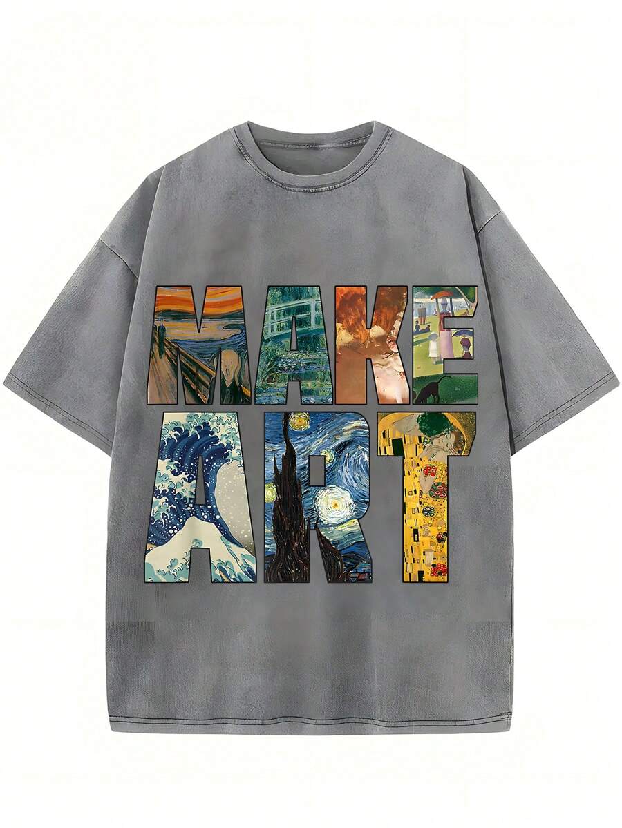 1 Piece, 230g Washed T-Shirt, Art Printed Letter Pattern Printed T-Shirt, Seasonal Casual Chaoliu Recreation Men's T-Shirt, Round Neck High Street Pure Cotton Short Sleeved T-Shirt, Fashionable Boutique T-Shirt