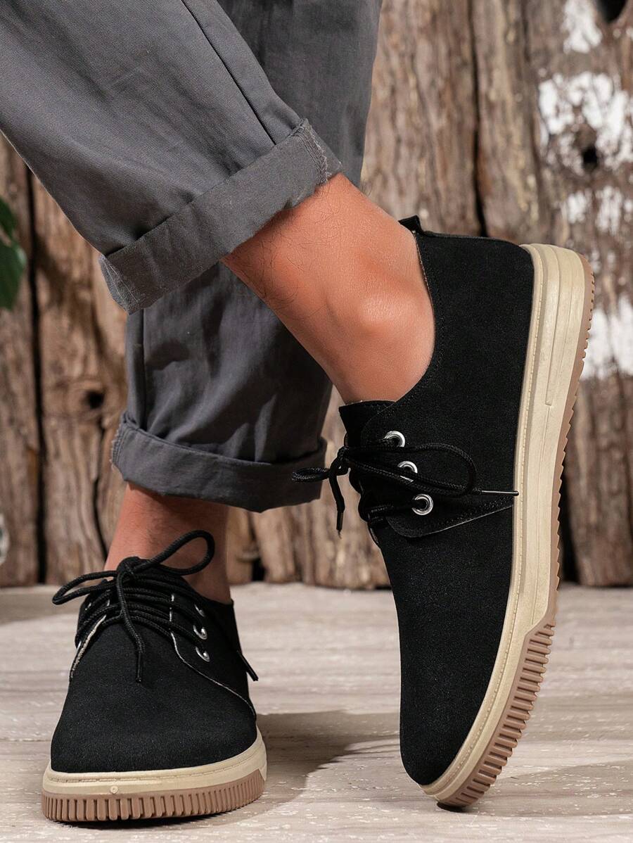 春季休闲男士时尚韩版休闲运动鞋，复古踝靴，橡胶鞋底 - 黑色 - 查看 1