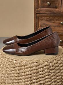 Bombas con tacón de bloque, puntera cuadrada, textura de piedra y sin cordones, estilo de parchwork, para mujer, adecuadas para vacaciones, viajes, al aire libre, casual, vintage, verde, de alta gama - Marrón Chocolate - Ver 5