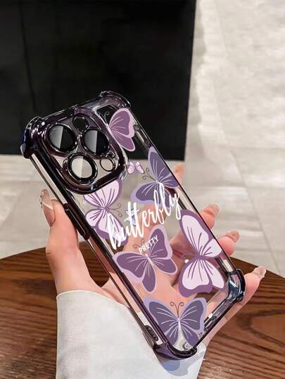 1 قطعة حافظة واقية جديدة مطلية بالكروم بتصميم فراشة بنفسجية، مقاومة للسقوط/سميكة شفافة من مادة TPU متوافقة مع هواتف آبل 17 برو ماكس/16 برو/16/13 برو ماكس/12 برو ماكس 11، 15 برو ماكس، 14 برو ماكس/جالاكسي، سامسونج/هونر/نوت 13 برو/إس23 أولترا/إس24 أولترا