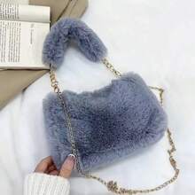 Fashion Women Fluffy Shoulder Bags Female Winter Chain Underarm Bag Solid Color Handbag Soft Plush Handle Bag - Beige - View 4