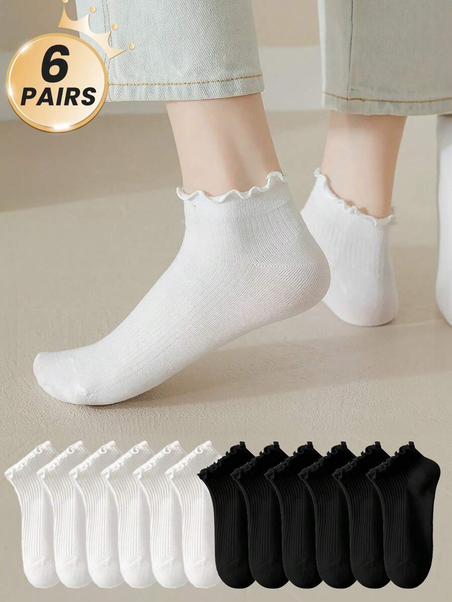 2/6/12 Pairs For Women, Black And White Ruffled Ear Edge Vertical Stripes, Breathable And Refreshing, Ins Style, College Style Ankle Socks, Home, Commuting, Party All-Match, Valentine's Day Gift - Multicolor - View 1