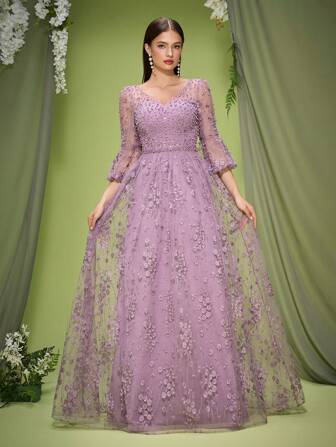 Anpoket V领刺绣蕾丝短袖高端晚礼服、派对礼服、婚礼宾客礼服、正式礼服、长袍