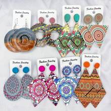 10 pares/paquete Pendientes de madera vintage con estampado colorido para mujeres, set de pendientes de pareja estilo bohemio variado para fiesta, boda, uso diario, regalos de joyería de moda, envío aleatorio