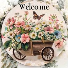 1 Peça Placa de Boas-Vindas Redonda de Madeira de 8 Polegadas com Design Floral e de Borboleta, Decoração de Parede Vintage. Adequado para Varanda, Casa, Entrada, Ótimo Presente para Decoração de Quarto de Amigos, Decoração de Jardim, Decoração de Casamento, Decoração de Casa