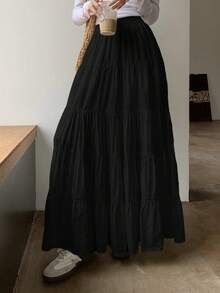 女士时尚纯色长裙，春夏 - 黑色 - 查看 5