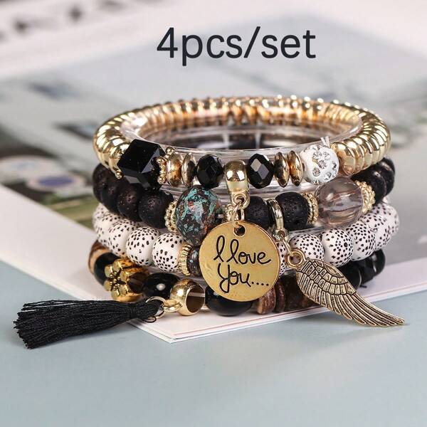 Set de 4 piezas de brazaletes multicapa de estilo bohemio con etiqueta de aleación y decoración con borlas, joyería elástica hecha a mano