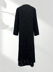 Chiffon Jacquard Muslim Long Abaya With Open Front, Muslim Long Abaya With Headscarf, Modest - Black - View 3